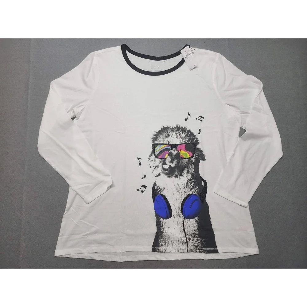Justice Girls White Llama Graphic Long Sleeve Tee Shirt Plus Size 20/22 NEW